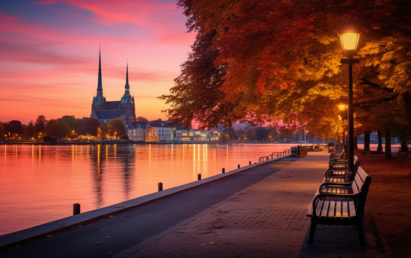 Leverkusen am Rhein bei Sonnenuntergang. Das ist ein künstlich generiertes Bild und nicht echt. // Quelle: Midjourney
